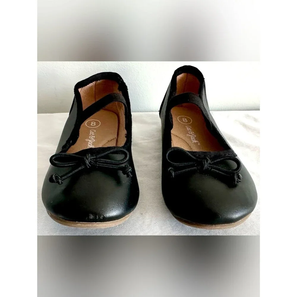 Cat & Jack Girls Size 8 Black Mary Jane Ballet Flats – Bow Detail Dress Shoes